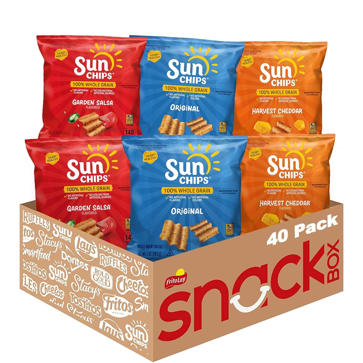 SunChips Original Multigrain Snacks in a 1.5-ounce pack, showing colorful multigrain chips in a resealable bag.