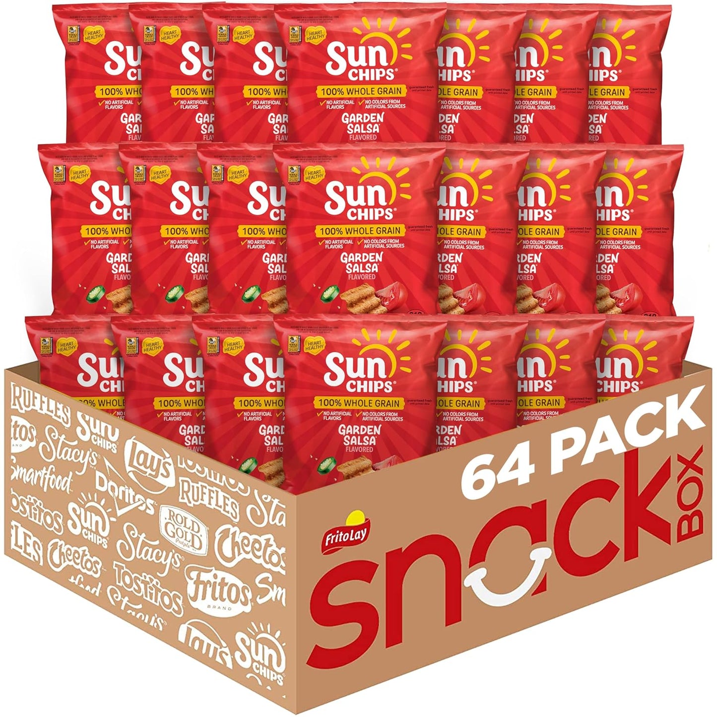 SunChips Original Multigrain Snacks in 1.5-ounce packs, displayed in a large pack of 64, featuring multigrain chips.