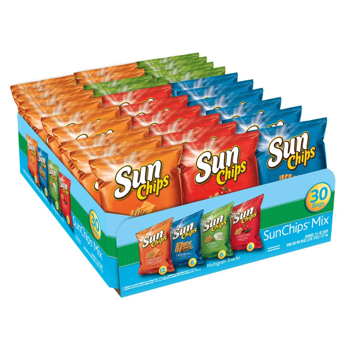 SunChips Original Multigrain Snacks in 1.5-ounce packs, featuring colorful multigrain chips on a tray.