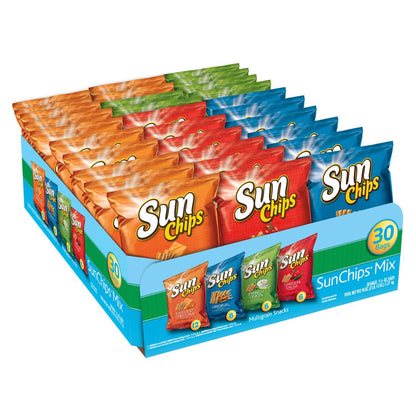 SunChips Original Multigrain Snacks in 1.5-ounce packs, featuring colorful multigrain chips on a tray.