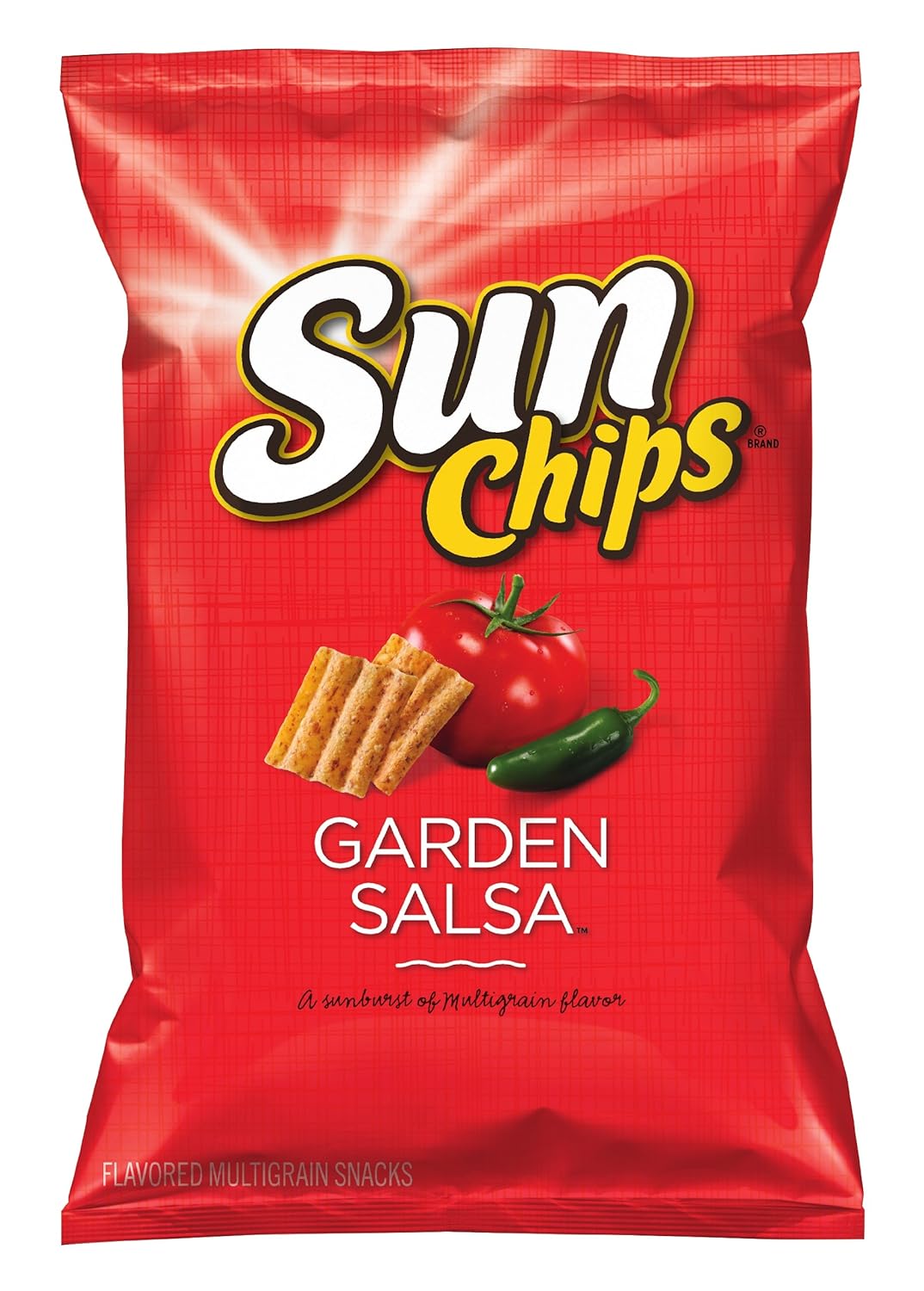 Pack of SunChips Original Multigrain Snacks in 1.5-ounce bags, showing colorful multigrain chips in a resealable bag.