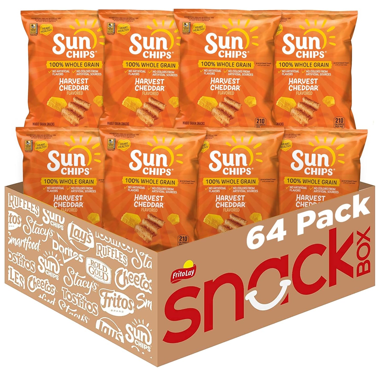 Sunchips Original Multigrain Snacks in 1.5-ounce packs, showing colorful multigrain chips in a clear bag.