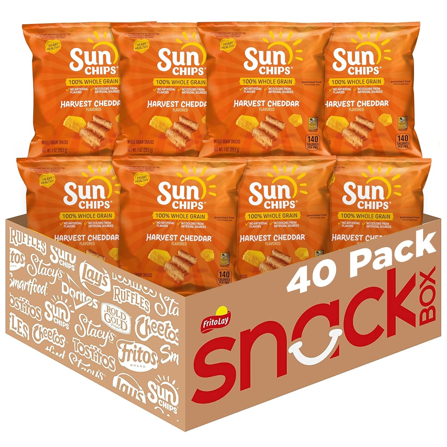 Bag of SunChips Original Multigrain Snacks in 1.5-ounce pack, showing colorful multigrain chips inside.