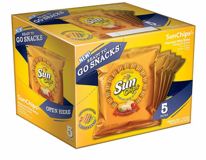 Sunchips Original Multigrain Snacks in 1.5-ounce packs, showing colorful multigrain chips in a clear bag.