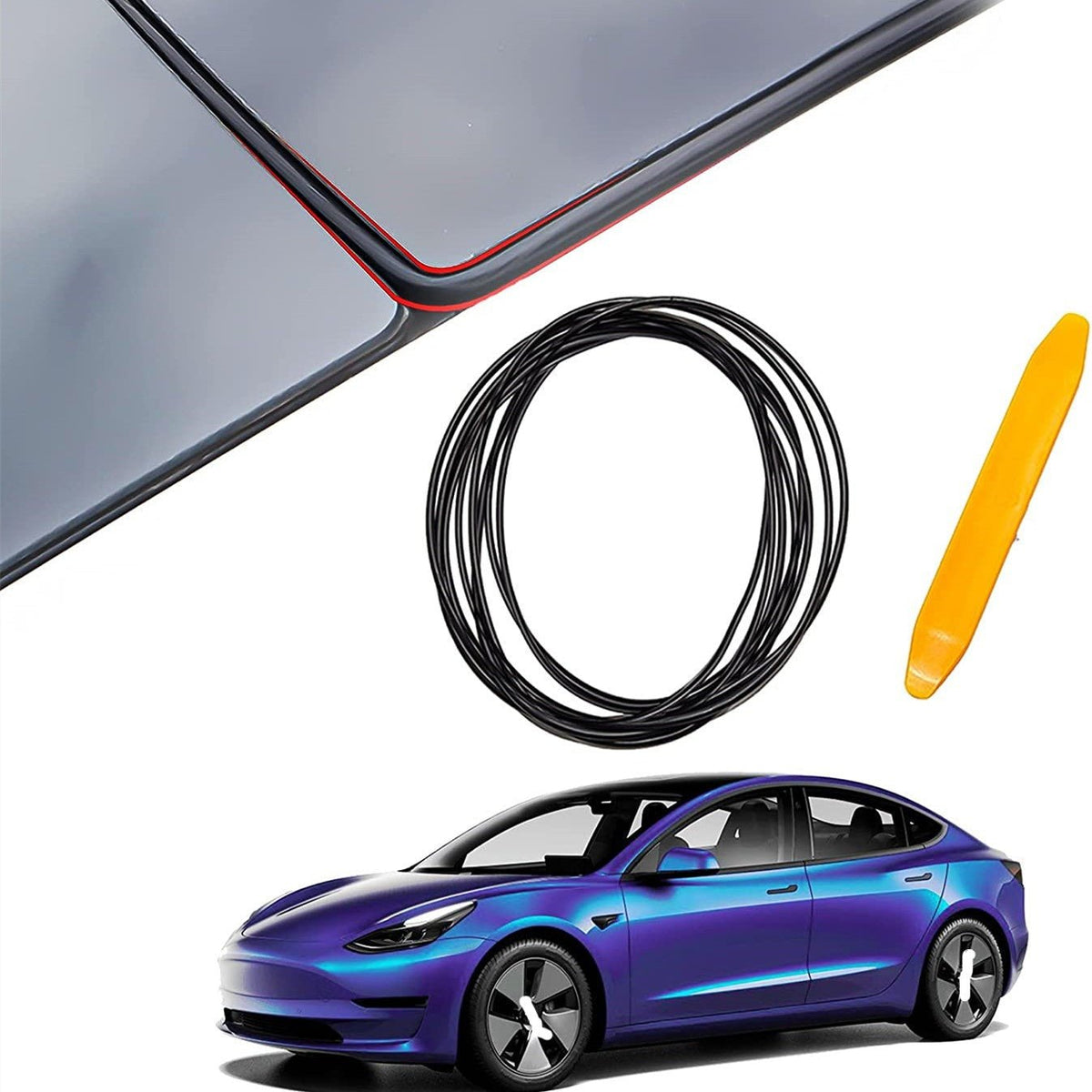 Tesla Model 3 sunroof rubber seal wind noise reduction kit, easy snap-in protective cover for improved sound insulation.