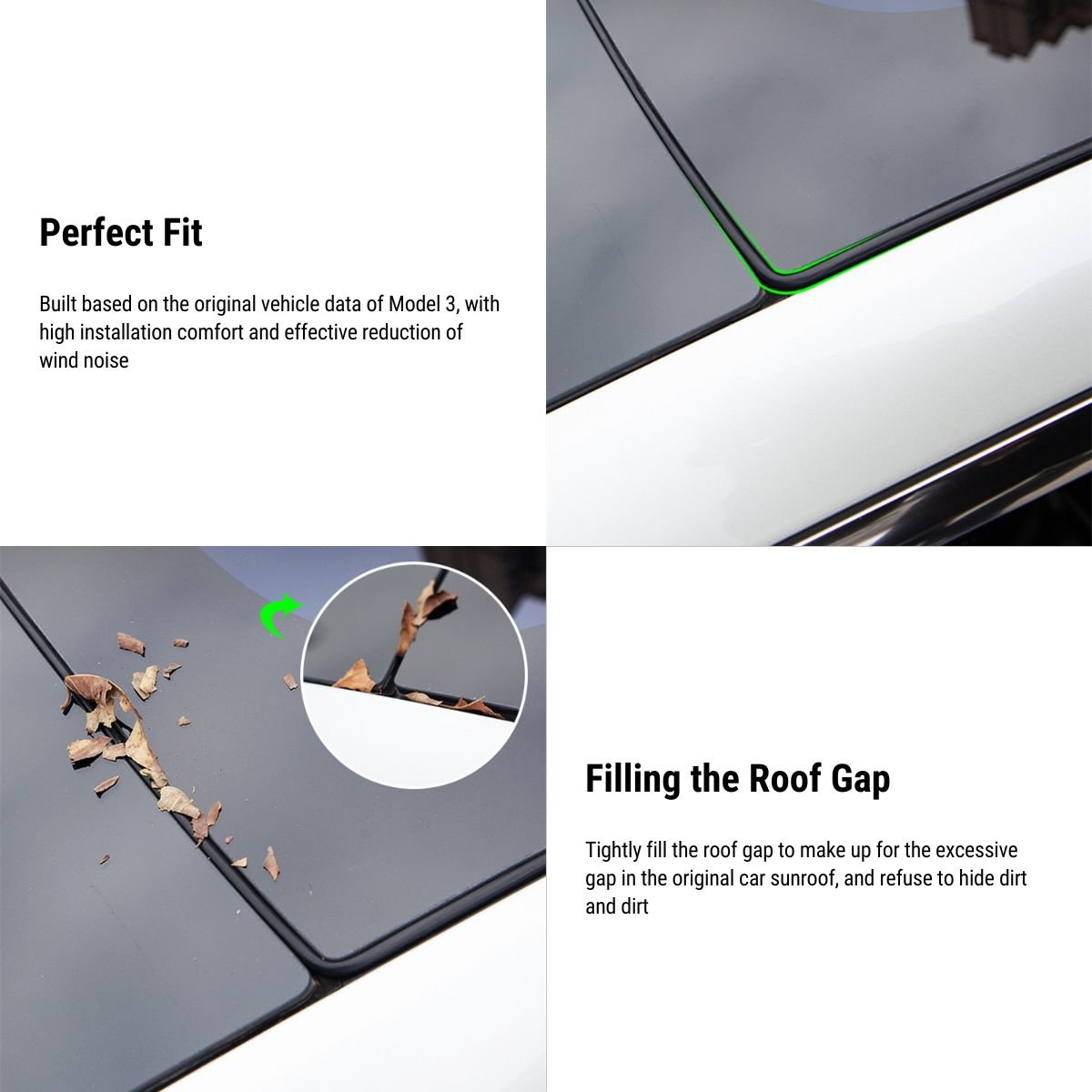 Tesla Model 3 sunroof rubber seal wind noise reduction kit, protective cover, easy snap-in installation for 2017-2024.