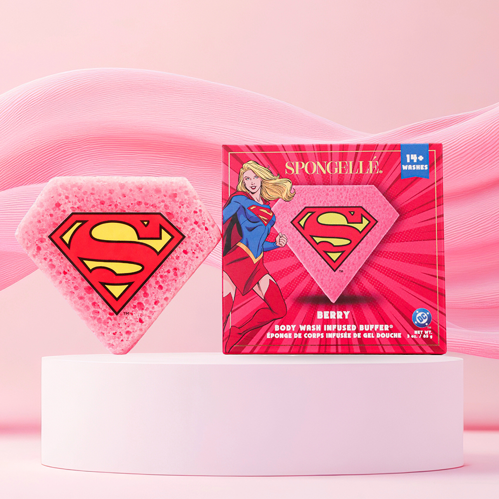 Supergirl™ Berry Body Buffer by Spongellé, a DC superhero body wash infused buffer with vibrant berry design.