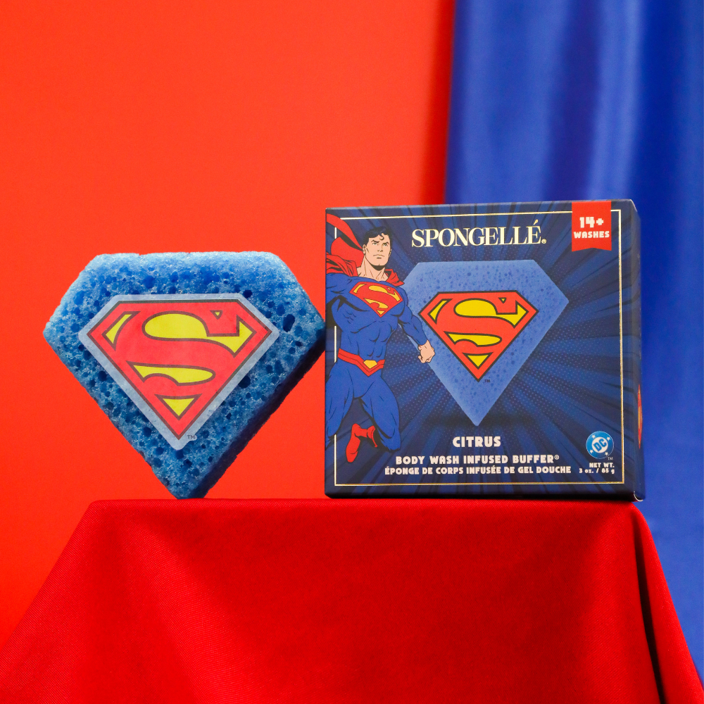 Superman™ Citrus Body Buffer by Spongellé, a DC superhero-themed body wash infused buffer with bright citrus scent and vibrant design.