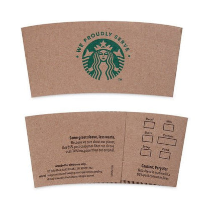 Kraft Starbucks cup sleeves for 12, 16, 20 oz hot cups, stacked in a carton, made by Supplying Depot.