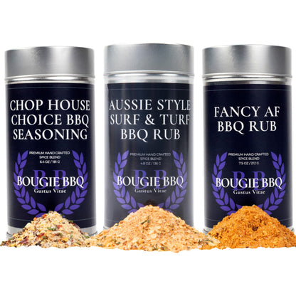 Gustus Vitae Surf & Turf BBQ Seasonings Collection 3-pack with gourmet spice blends for grilled meats and seafood.