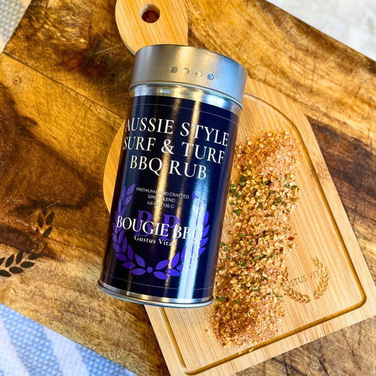 Gustus Vitae Surf & Turf BBQ Seasonings Collection with three gourmet seasoning jars for grilling and flavoring meats.