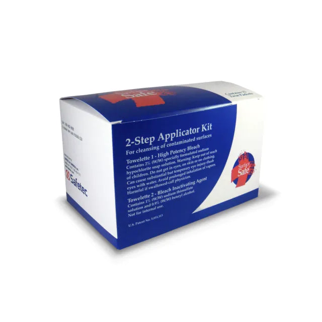 Surface Safe 2-Step Applicator Kit by Pasteur Pharmacy with bleach cleansing and inactivating towelette packets in a box.