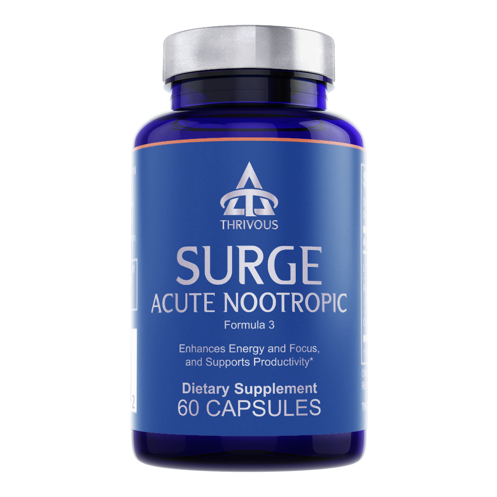 Bottle of Surge Acute Nootropic dietary supplement by Thrivous with label showing product details.