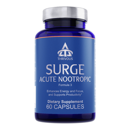 Bottle of Surge Acute Nootropic dietary supplement by Thrivous with label showing product details.