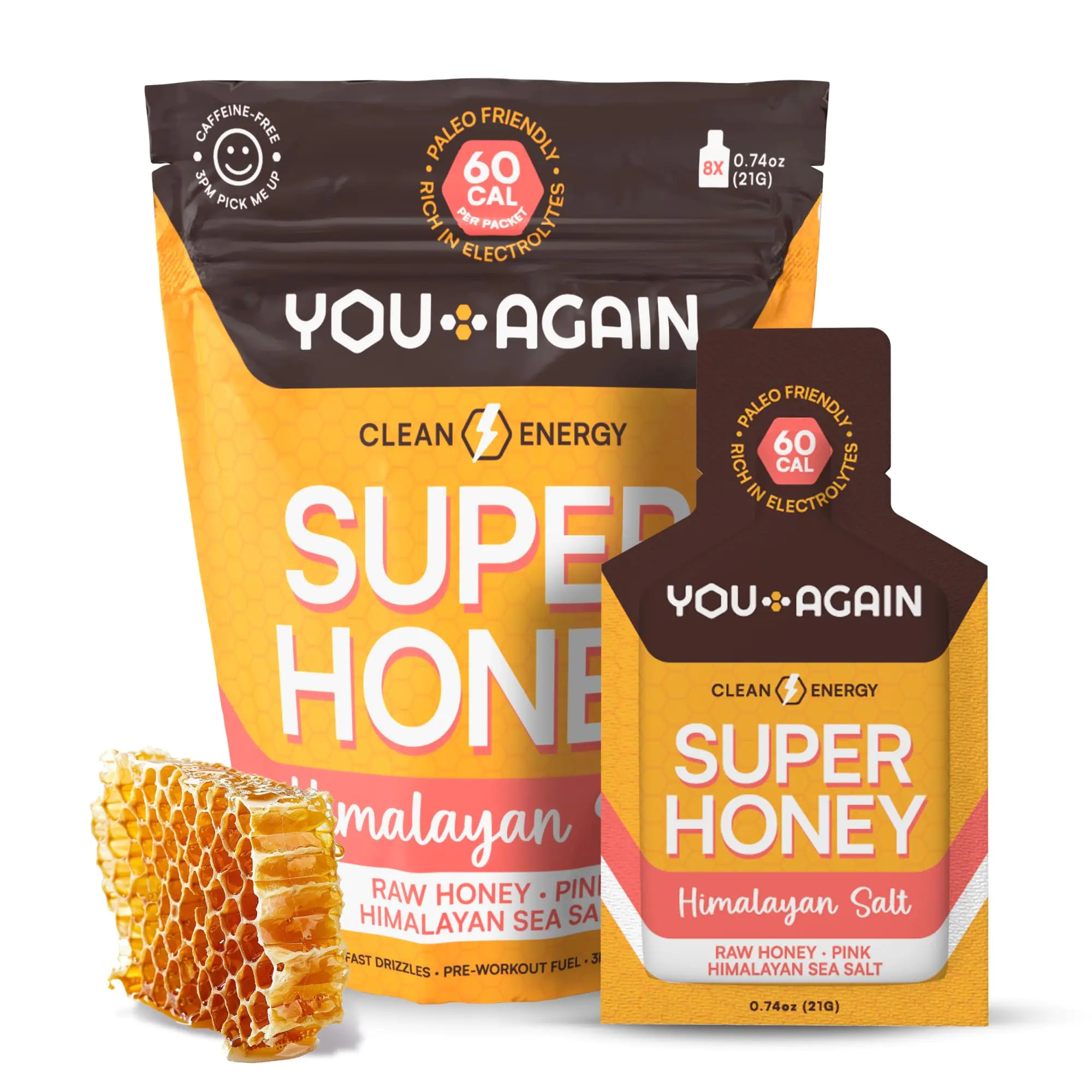 You Again Super Honey Clean Energy Gel Honey & Salt | Electrolyte Replenishment Running Fuel | Endurance Workouts & Cycling Gel | Paleo & Carnivore Snack | Gluten-Free | Made in USA | 8-Pack
