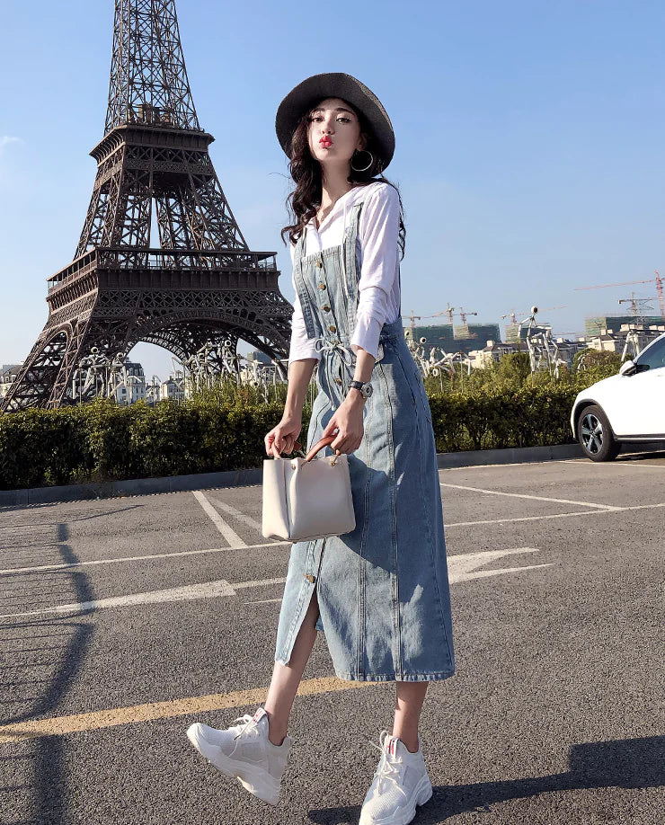Button Strap Denim Dress, Denim Overall Dress