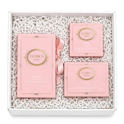 Spongellé Sweet Gesture Jude Rose 3-piece bath gift set with rose-scented body washes and exfoliating sponges in a decorative box