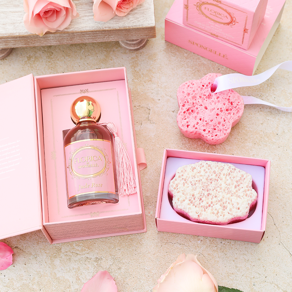 Spongellé Sweet Gesture Jude Rose 3-piece bath gift set with rose-themed body washes and gentle skincare products.