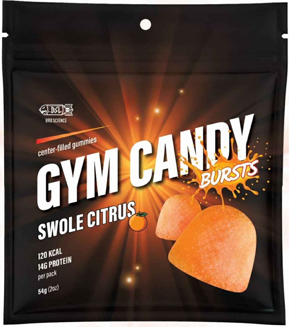Gain Gummies Gym Candy Bursts with citrus flavor, featuring colorful gummy candies in a pack for workout energy and recovery.