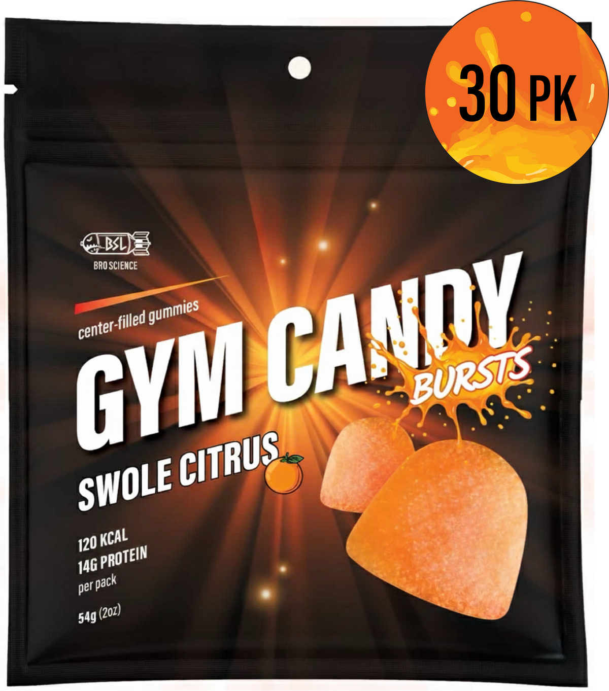 Swole Citrus Gym Candy Bursts by Gain Gummies in a 30-pack, colorful citrus-flavored gummy supplements for workout energy