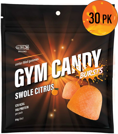 Swole Citrus Gym Candy Bursts by Gain Gummies in a 30-pack, colorful citrus-flavored gummy supplements for workout energy