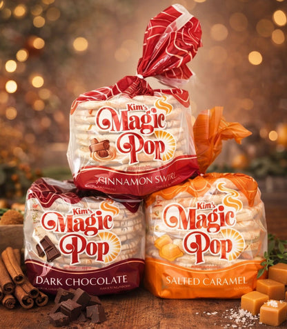 Kim's Magic Pop cinnamon swirl, salted caramel, and dark chocolate flavored snack pack, featuring three delicious drizzled varieties.