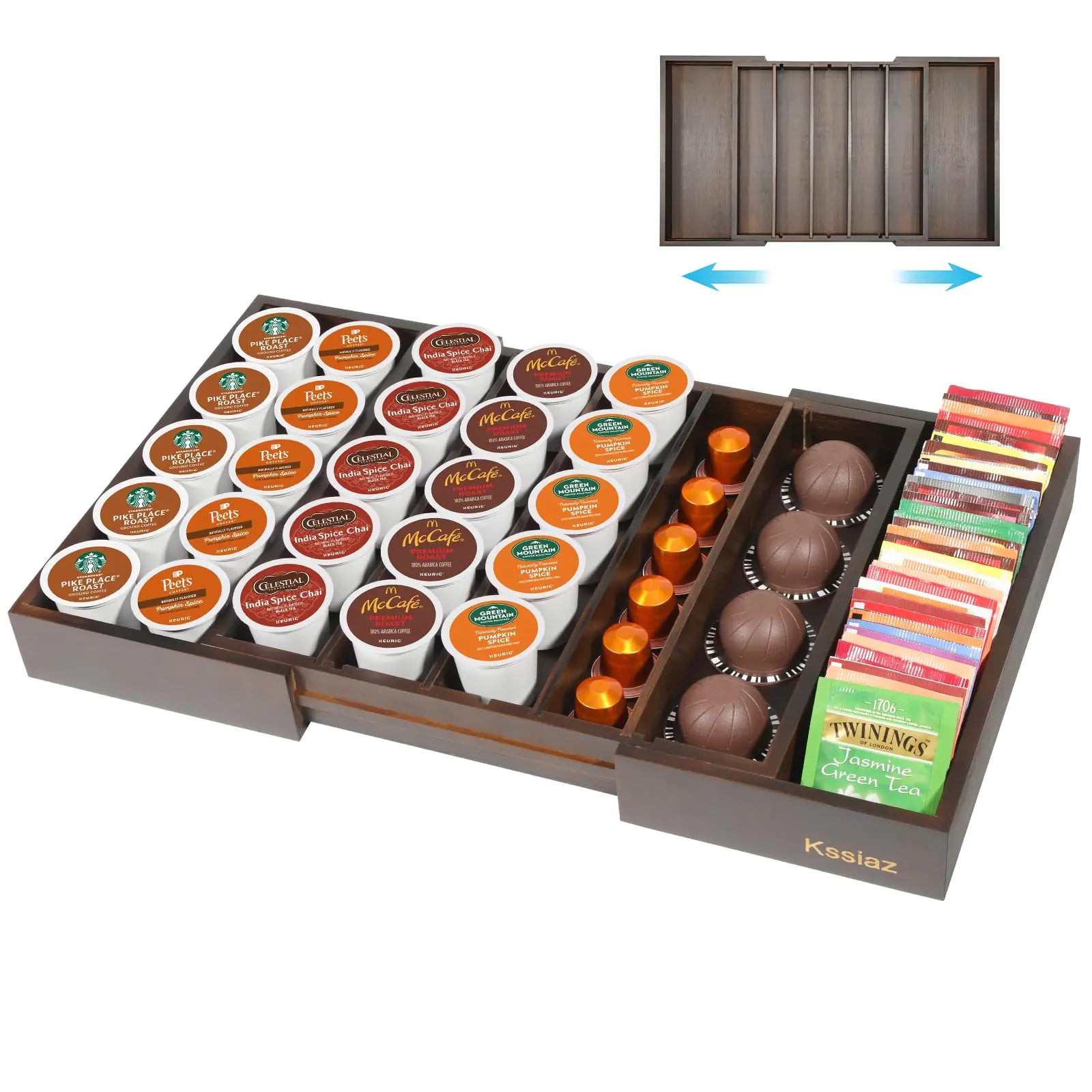 Kssiaz Coffee Pod Holder Drawer Bamboo K Cup Holder Compatible with Nespresso Vertuo Capsules 25-45 K Cup Drawer Organizer for Coffee Station Home Office and Kitchen (Brown)