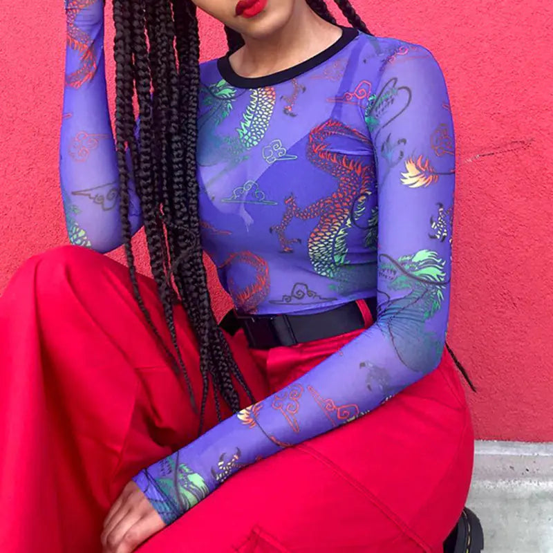 Chinese Dragon Print Mesh T-Shirt for Women