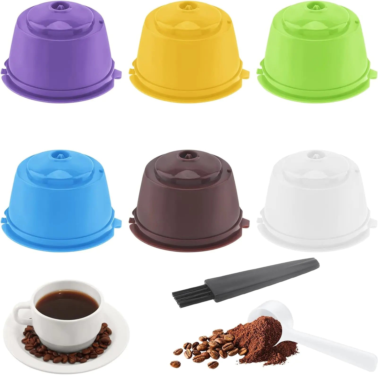 Reusable Coffee Capsules for Nescafe Dolce Gusto Brewers 6 Pack Refillable Colorful Espresso Coffee Capsule Filters Easy to Use with Cleaning Brush and Measuring Spoon