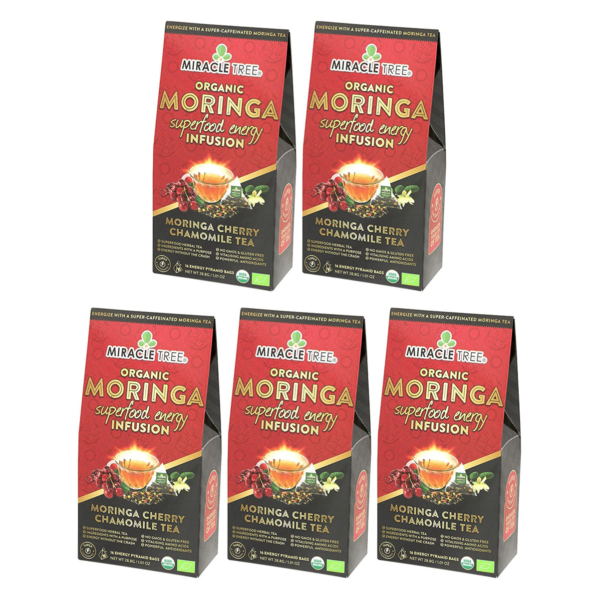 Organic Moringa Energy Tea by Miracle Tree with cherry and chamomile, natural coffee alternative, in a tea bag ready for brewing.