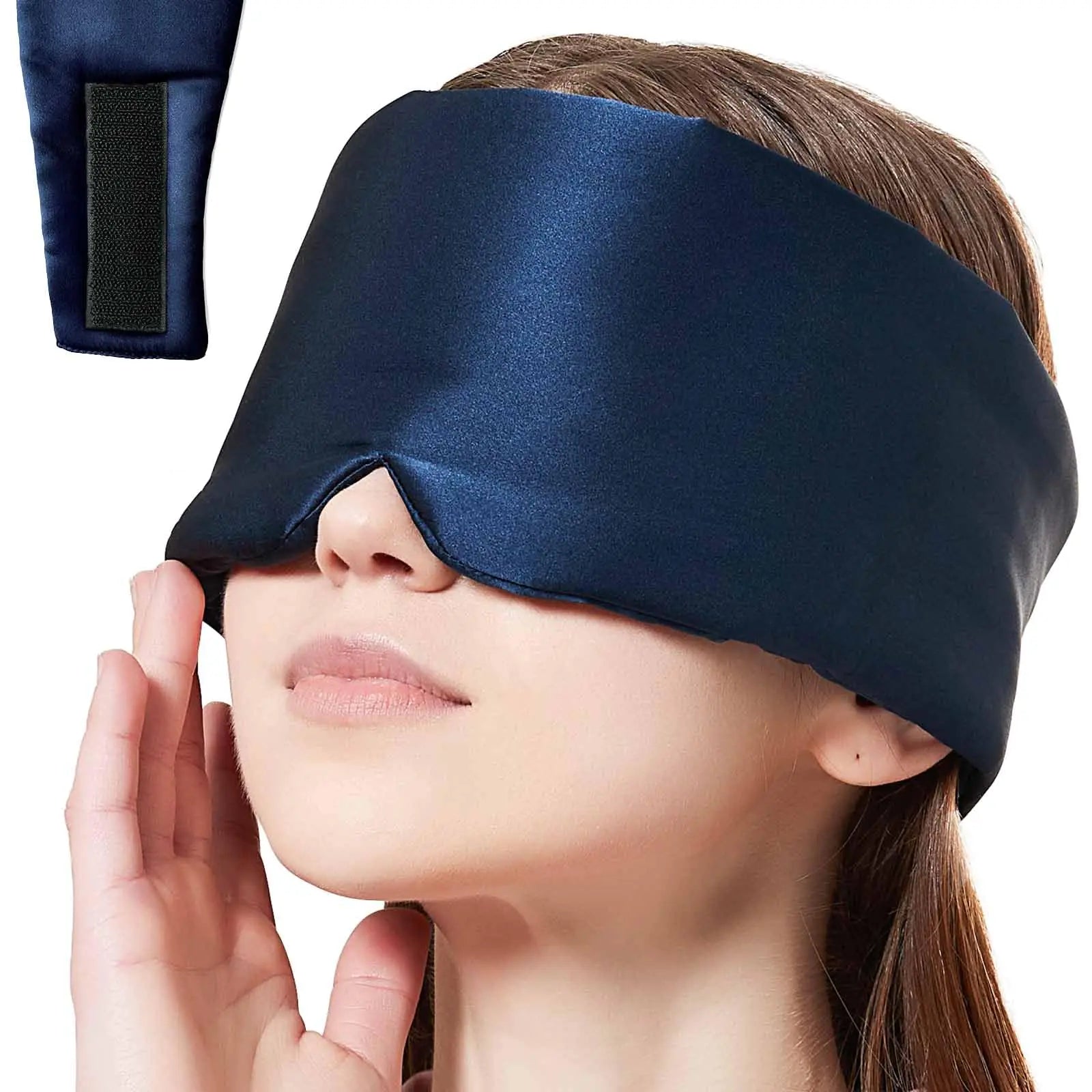 SOLZEK Nature Silk Sleeping Mask Soft Featherweight Eye Mask Large Wrap-Around Blindfold with Adjustable Velcro Blackout for Wild Sleeper Nose Cut (NavyBlue)