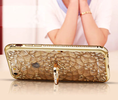 Rhinestone Ring Phone Case with Durian Flower Design