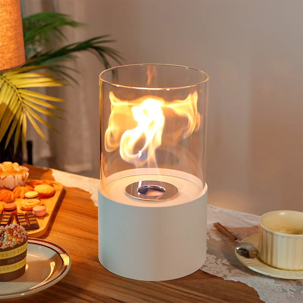 White 11.4-inch round portable tabletop fireplace by JHY DESIGN, designed for gel and ethanol fires, perfect for outdoor use.