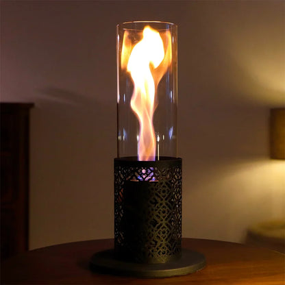 JHY DESIGN 15.3-inch spiral flame gel and ethanol tabletop fireplace with a modern design for outdoor use.