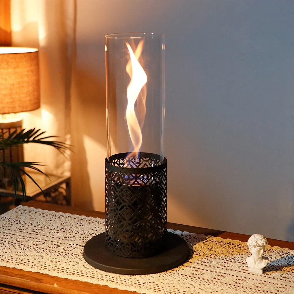 JHY DESIGN 15.3-inch spiral flame tabletop fireplace with gel and ethanol fire features for outdoor use.