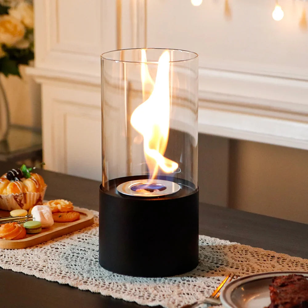 JHY DESIGN portable tabletop firepit with glass cylinder, suitable for indoor use, featuring gel and ethanol flames.