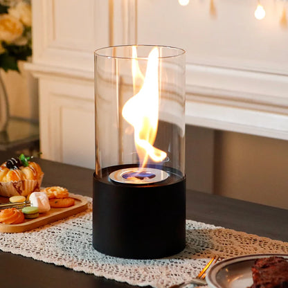 JHY DESIGN portable tabletop firepit with glass cylinder, suitable for indoor use, featuring gel and ethanol flames.