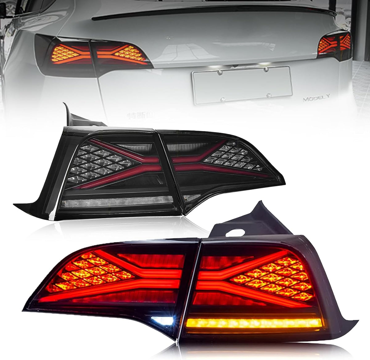 Tesla Model 3/Y TESERY X-treme tail light assembly showing red and clear lens sections for rear illumination.