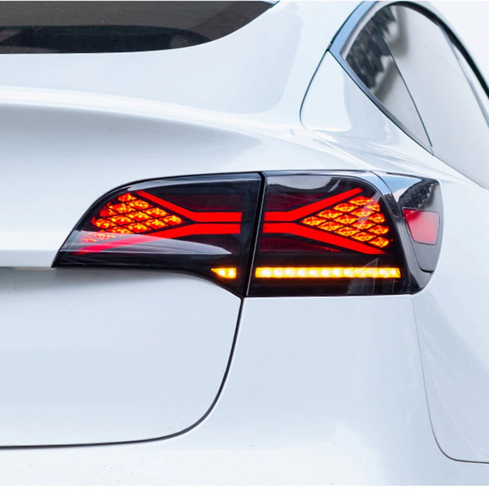 Tesla Model 3/Y TESERY X-treme tail light assembly showing sleek LED design and mounting hardware on a clean background.
