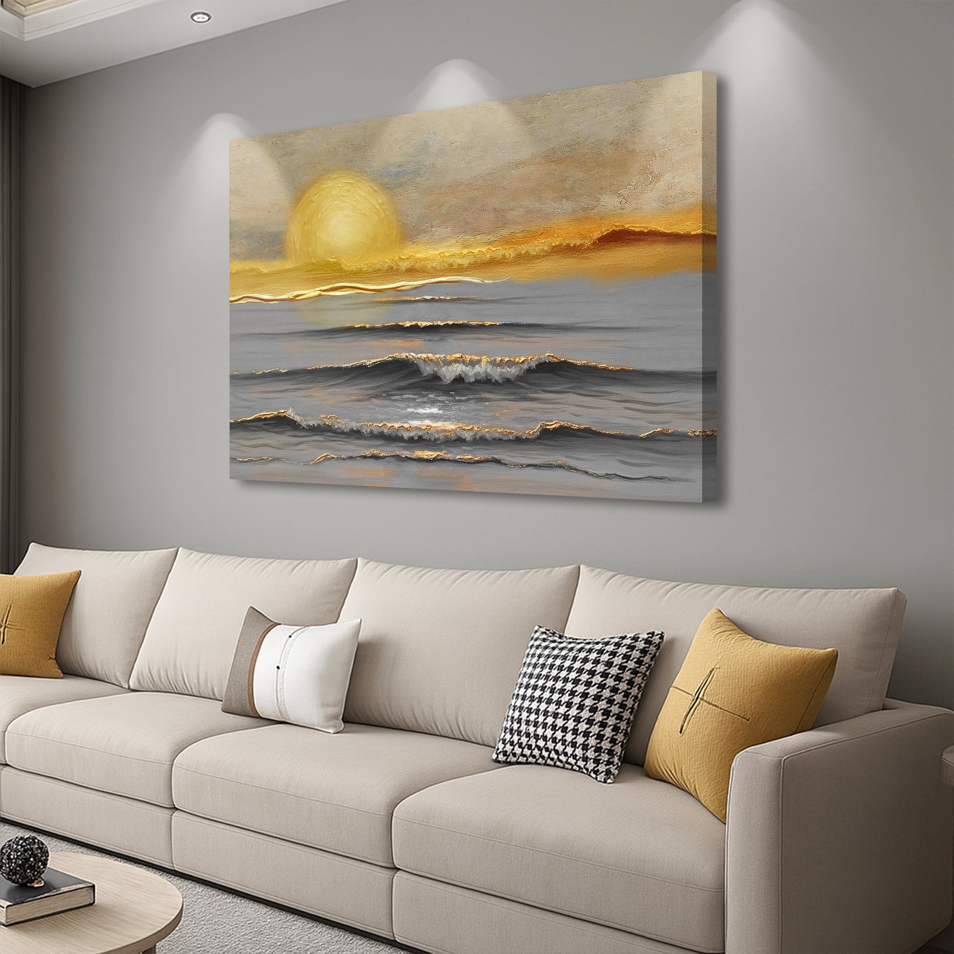 Golden Horizon Calm wall art canvas by Tailored Canvases featuring a serene sunset scene with warm golden tones.