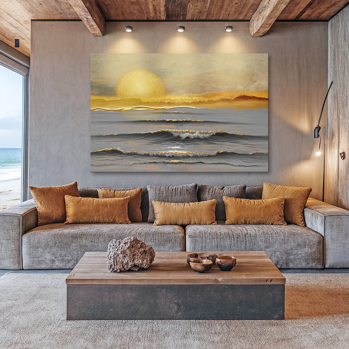 Golden Horizon Calm wall art on canvas by Tailored Canvases, featuring serene sunset and horizon scene with warm tones.