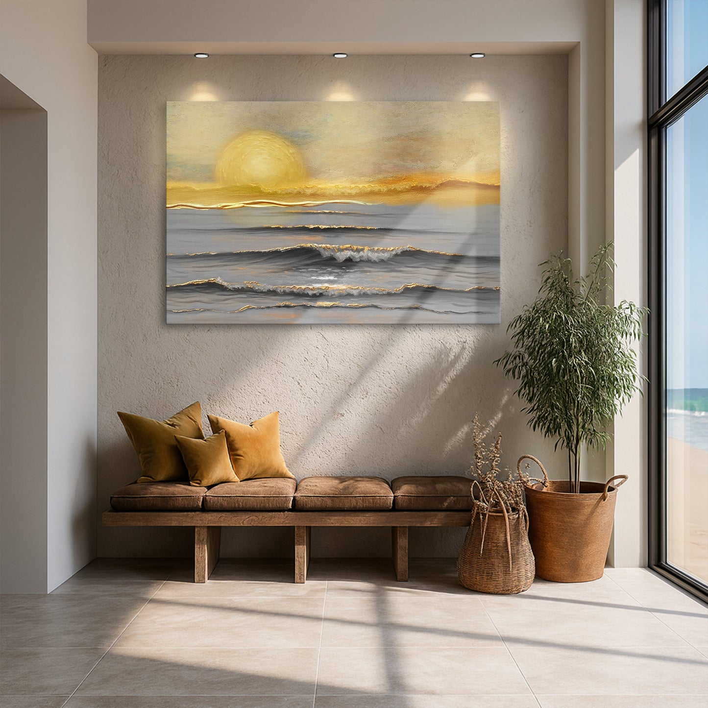 Golden Horizon Calm canvas wall art by Tailored Canvases featuring a serene sunset scene with warm amber and gold tones.