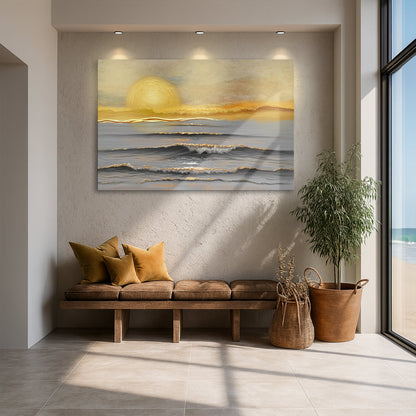 Golden Horizon Calm canvas wall art by Tailored Canvases featuring a serene sunset scene with warm amber and gold tones.