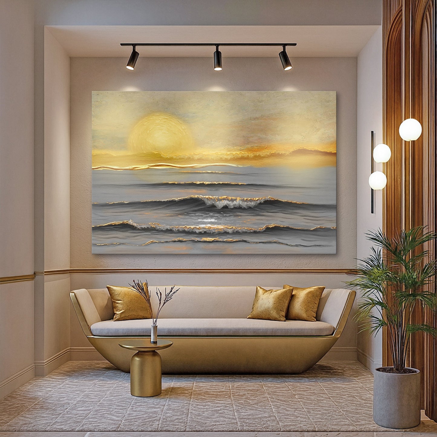 Golden Horizon Calm wall art on canvas by Tailored Canvases, featuring a serene sunset scene with warm tones and artistic design.