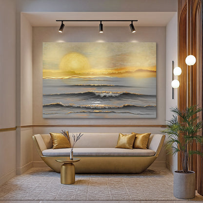 Golden Horizon Calm wall art on canvas by Tailored Canvases, featuring a serene sunset scene with warm tones and artistic design.