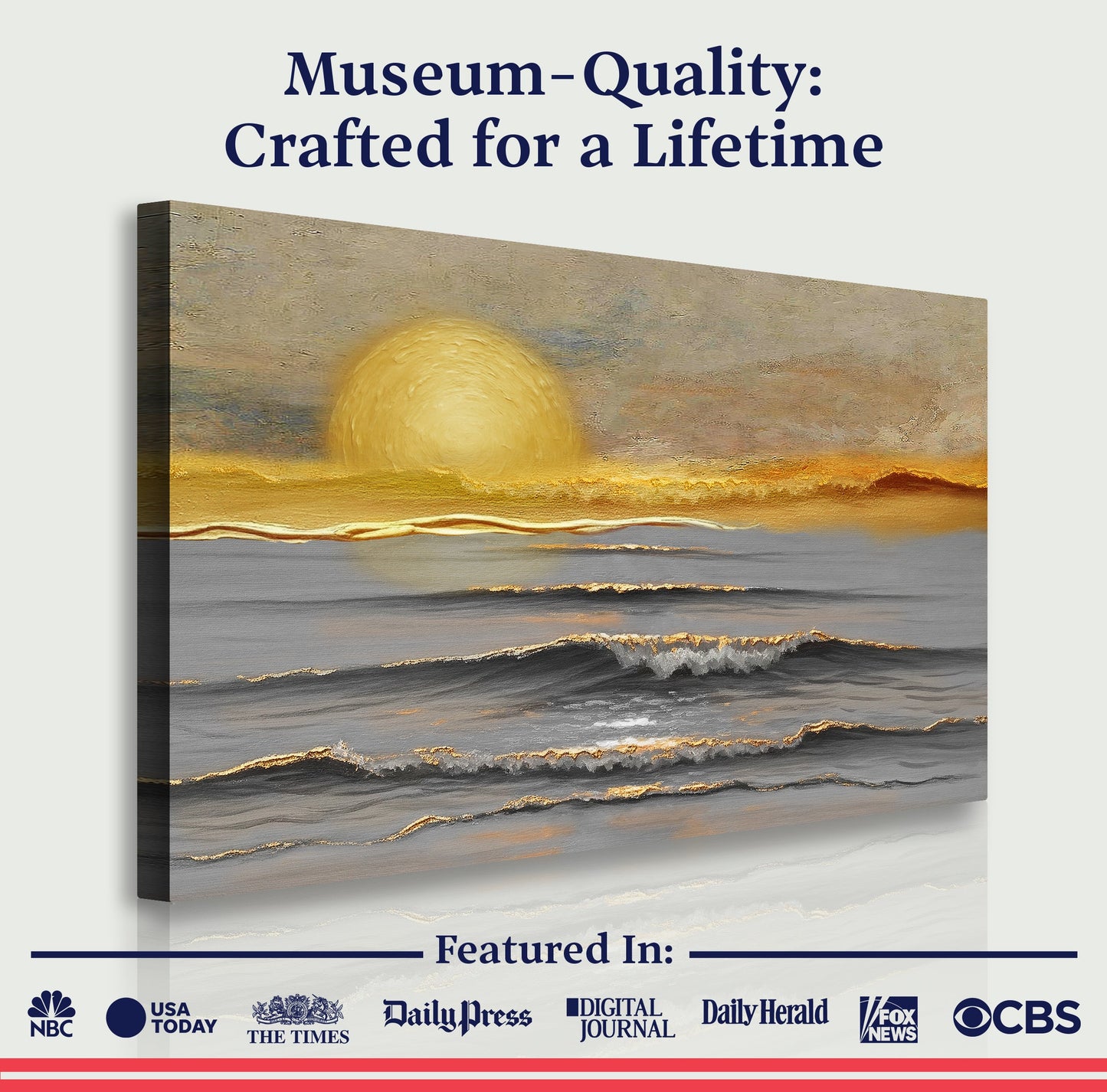 Golden Horizon Calm wall art canvas by Tailored Canvases featuring a serene sunset scene with warm tones and abstract design.