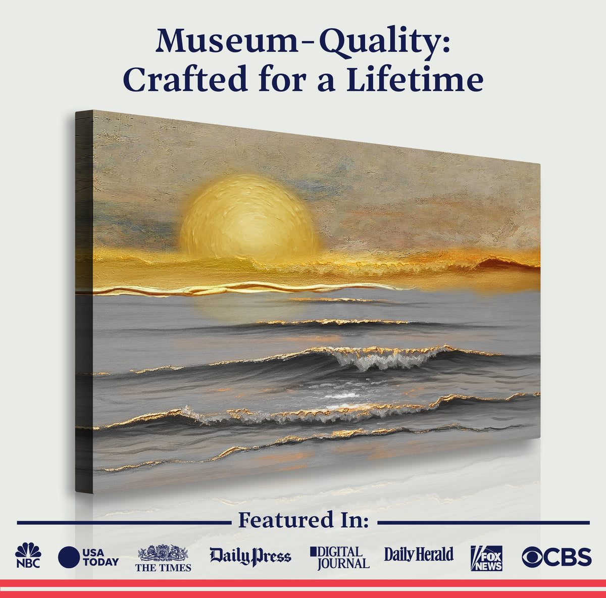 Golden Horizon Calm wall art canvas by Tailored Canvases featuring a serene sunset scene with warm tones and abstract design.