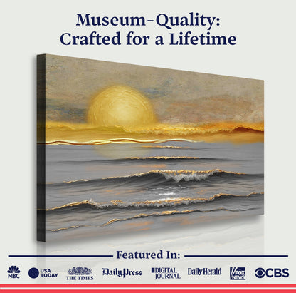 Golden Horizon Calm wall art canvas by Tailored Canvases featuring a serene sunset scene with warm tones and abstract design.
