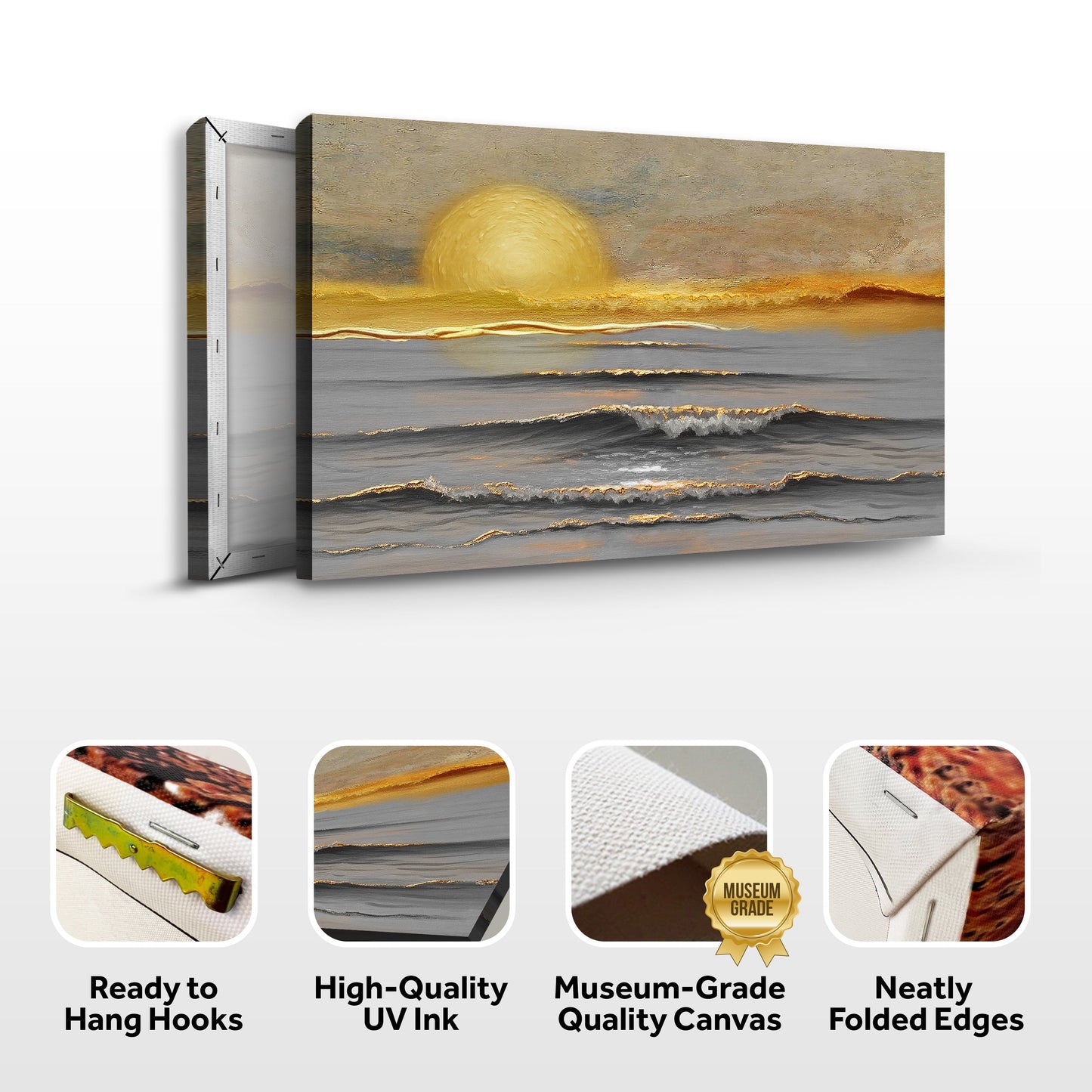 Golden Horizon Calm wall art on canvas by Tailored Canvases, featuring a serene sunset with warm tones and abstract design.
