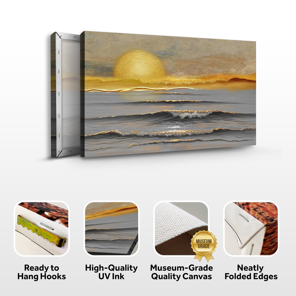 Golden Horizon Calm wall art on canvas by Tailored Canvases, featuring a serene sunset with warm tones and abstract design.
